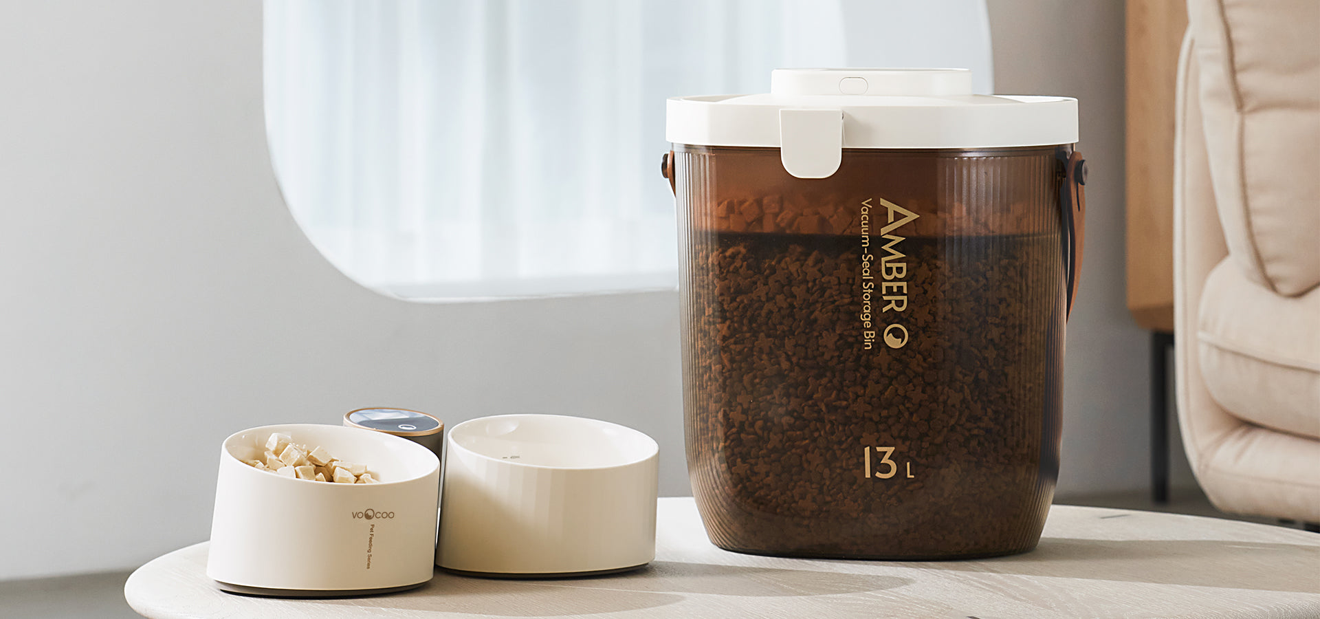 The Voocoo Amber Vacuum-Seal Storage Bin and The Libra Bowl Duo with Integrated Scale